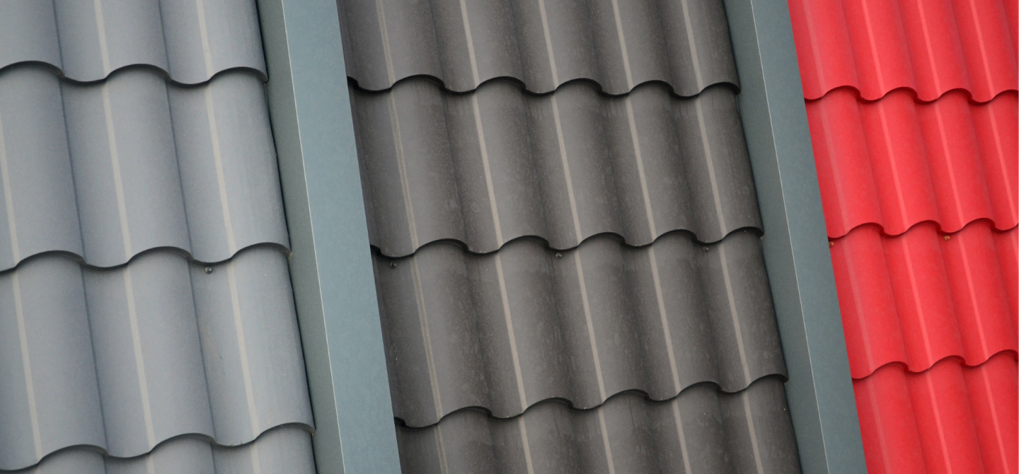 metal roofing tiles in grey dark grey and red color